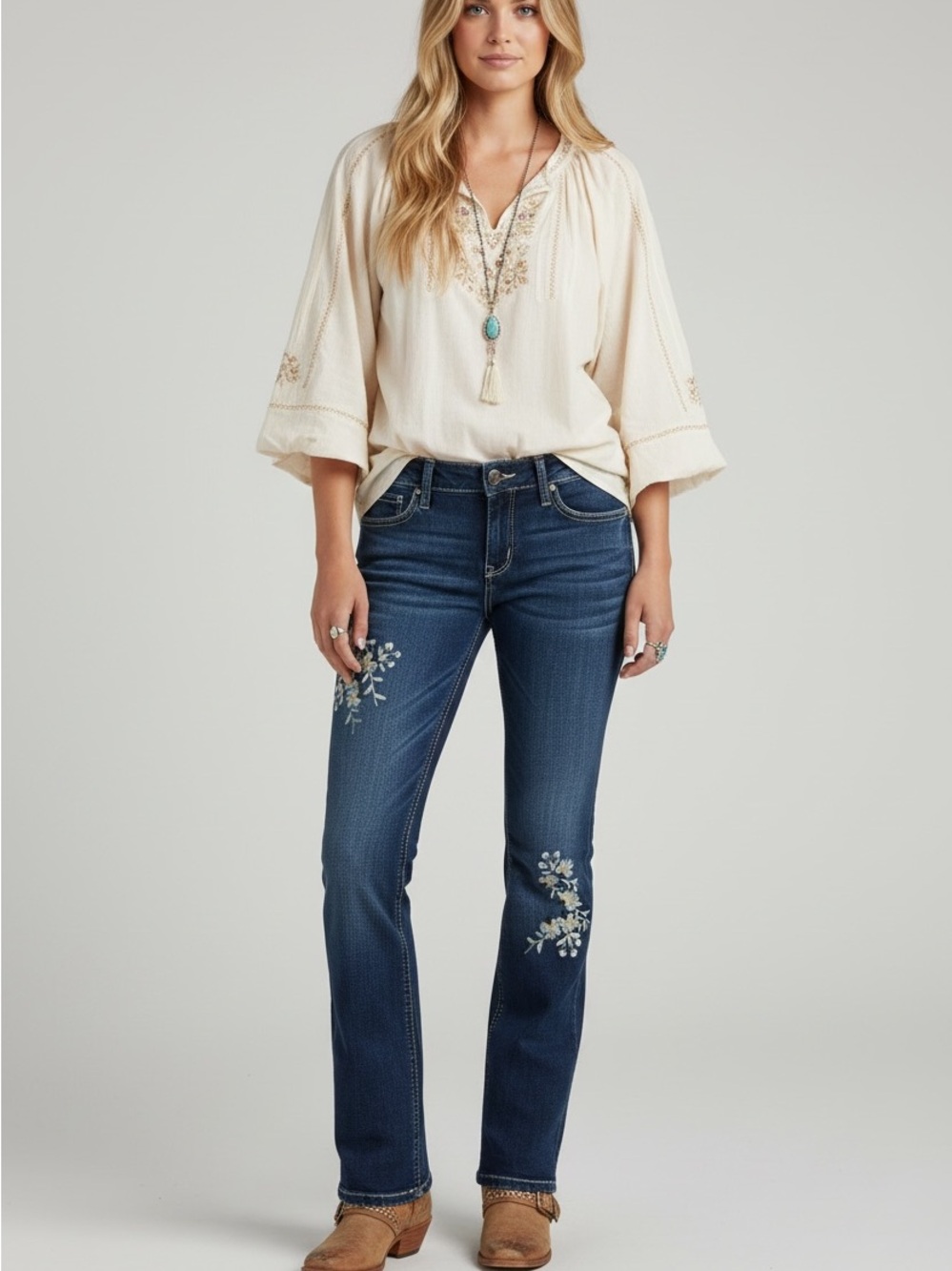 Ariat REAL Boho Flower Denim Jeans 29x34 Mid Rise Bootcut Western Cowgirl Cotton